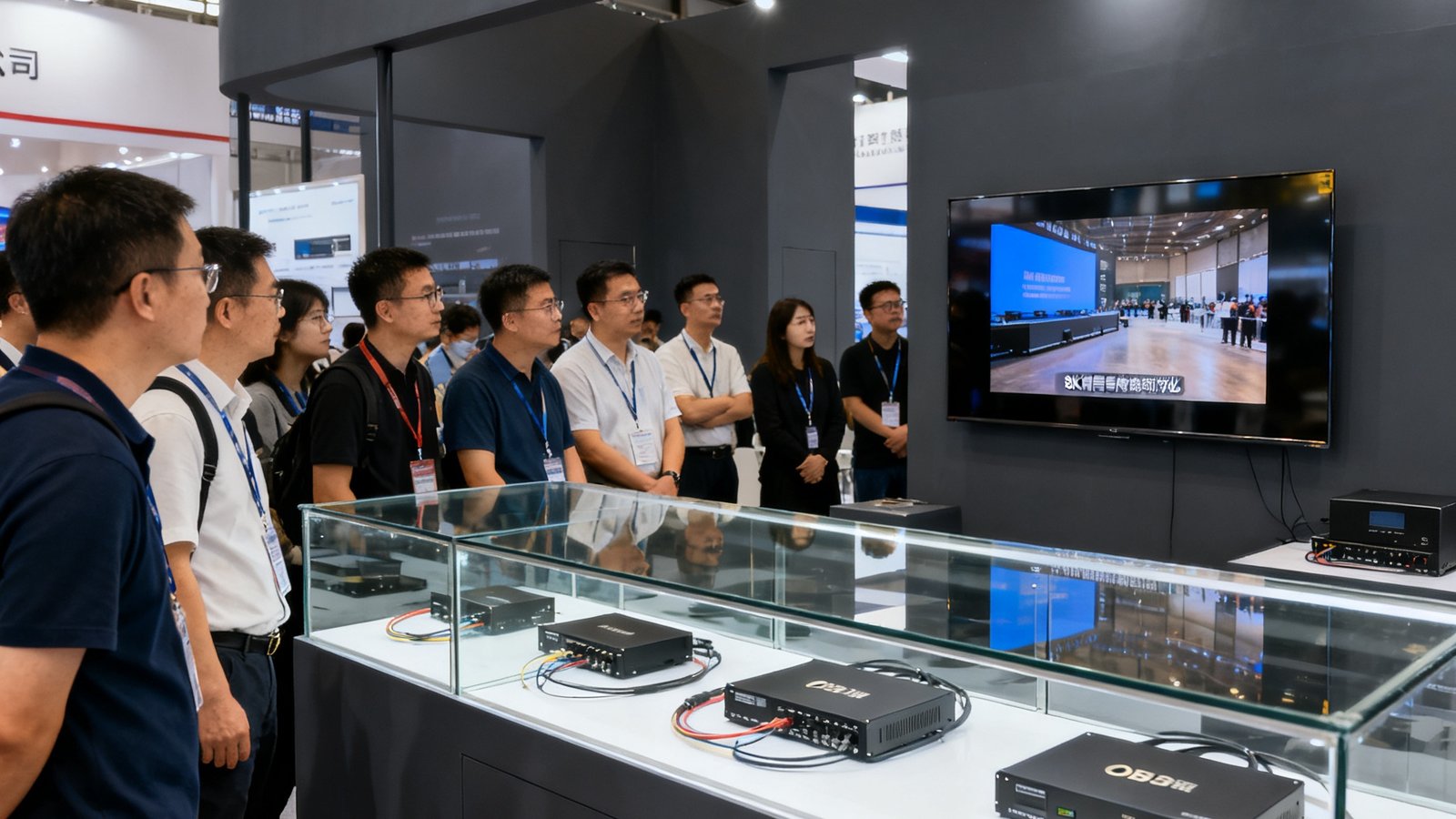 一张OB视讯在IBC2025阿姆斯特丹国际广播电视展的展位照片，展台以深灰色为主调，金色logo醒目悬挂，展示柜中陈列着最新款光纤传输器，参展观众正围在演示区观看8K信号传输的实时对比效果。