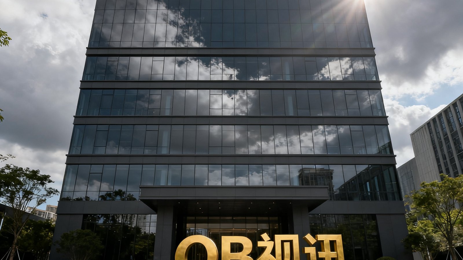 一张OB视讯深圳总部新研发大楼的外观照片，六层现代化建筑外立面采用深灰色玻璃幕墙，大楼入口处竖立着OB视讯金色logo雕塑，周围绿化带整齐美观，阳光透过云层洒在建筑上。