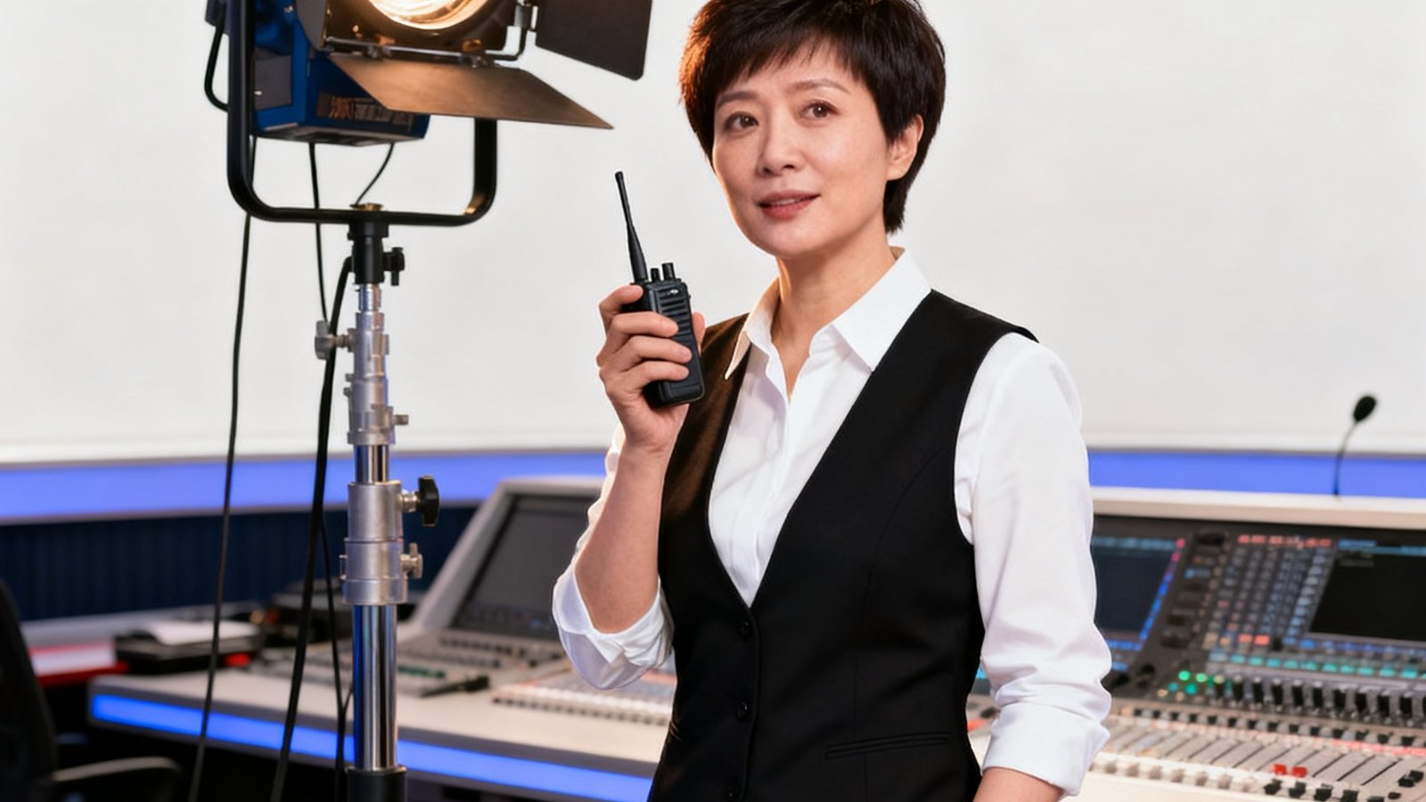 一张浙江卫视演播室主管陈晓琳的职业肖像照片，她留着干练的短发，穿着白色衬衫外搭黑色马甲，站在演播室灯光设备旁，手持对讲机正在指挥现场布置。